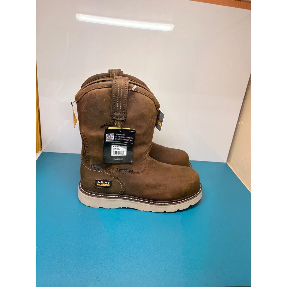 Ariat Mens 8.5EE Rebar Wedge Pull On H2O Comp Toe Work Boots Brown 10053613
